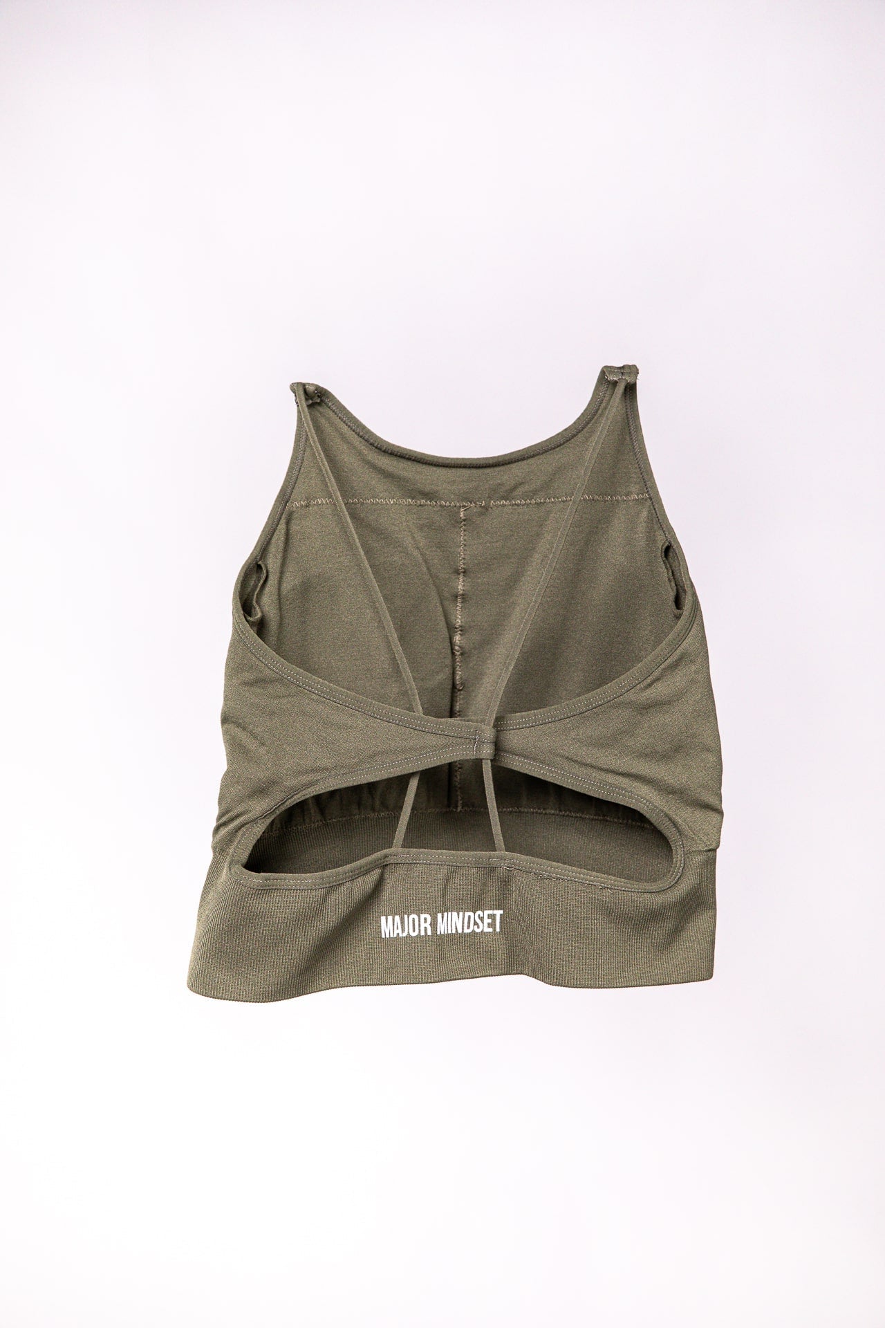 Major Mindset Stringer Sport-BH olivgrün, Rückseite, Aufschrift Logo